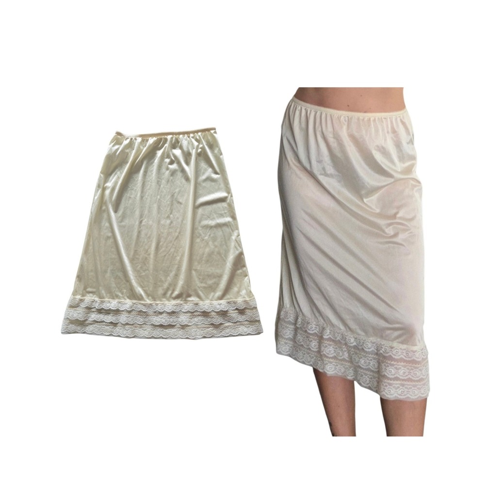 VTG Nylon Tricot Half-Slip Lace Trim Skirt L Buttery Yellow Stretch Coquette